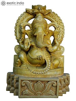 10" Lord Ganesha Seated On Kirtimukha Throne | Handmade White Wood Statue