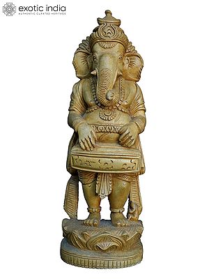 10" The Musical Ganesha | Handmade White Wood Statue