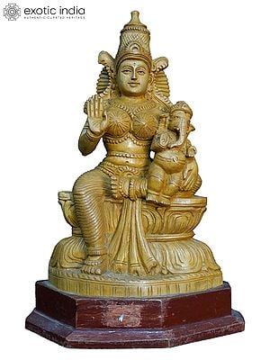 11" Ganesha Sitting In The Lap Of Goddess Parvati | Handmade White Wood Statue