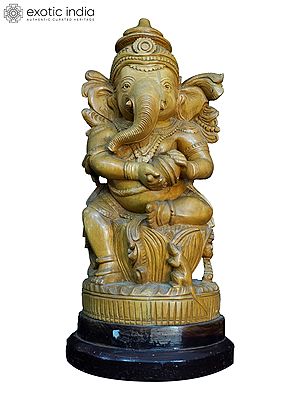 14" Lord Ganesha Seated With Mushak | Handmade White Wood Statue