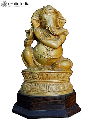 8" Lord Ganapati Seated On Lotus | Handmade White Wood Statue