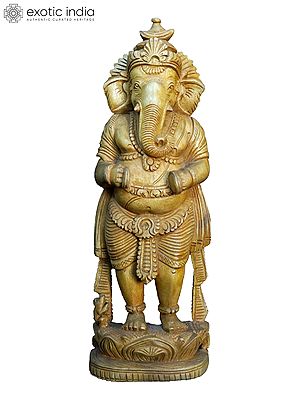 10" Musical Ganesha Standing With Mushak | Handmade White Wood Statue