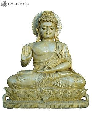 18" Gautam Buddha Seated On Lotus Flower | Handmade White Wood Statue