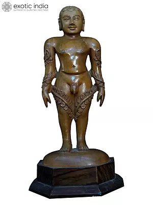 10" Standing Statue Of Mahavir Jain With Base | Handmade White Wood Statue