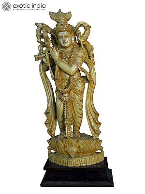 26" Fluting Krishna Standing On Lotus | Handmade White Wood Statue