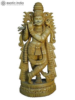 36" Attractive Wood Carved Statue Of Lord Krishna | Handmade White Wood Statue