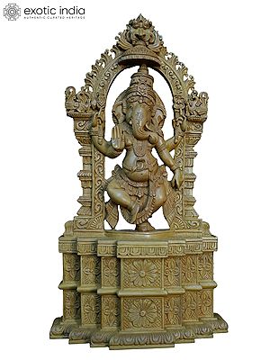 14" Lord Ganesha Standing On Kirtimukha Arch | Handmade White Wood Statue