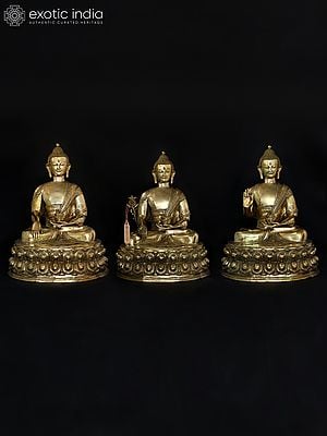 36" Large Size Buddha Set - Bhumisparsha Buddha, Medicine Buddha and Buddha in Abhaya Mudra | Set of Three Brass Statues
