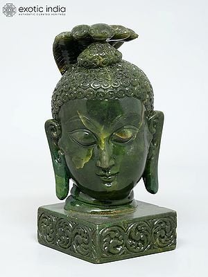 8" Gautam Buddha Head with Protective Snake | Green Stone Statue | Made In Orissa