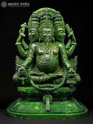 15" Three Headed Lord Brahma | Green Stone Statue | Made In Orissa