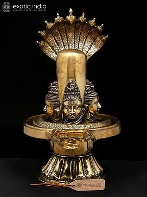 30" Brass Shivalingam with Four Shiva Faces and Protected by Nine Hooded Serpent