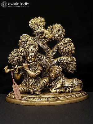 5" Small Lord Krishna Seated Under The Tree with Cow | Brass Statue