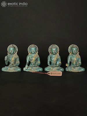 10" Sitting Lord Buddha in Different Mudras - Abhay Mudra, Bhumisparsha Mudra, Dhyan Mudra and Medicine Buddha | Set of Four Brass Statues