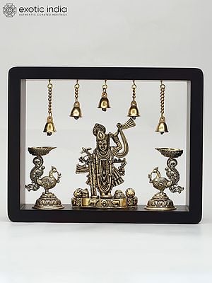 10" Superfine Shrinathji with Peacock Lamps | Wood Framed Brass Sculpture | Wall Hanging