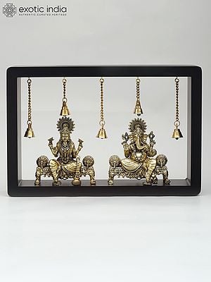 12" Wood Framed Superfine Sitting  Lakshmi Ganesha Statues in Brass | Wall Hanging