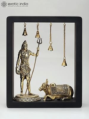 11" Superfine Standing Lord Shiva with Nandi | Wood Framed Brass Sculptures | Wall Hanging