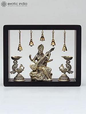 10" Superfine Sitting Goddess Saraswati with Peacock Lamps | Wood Framed Brass Sculpture | Wall Hanging
