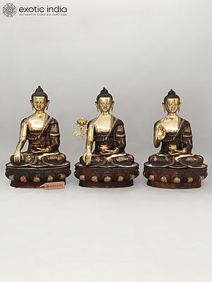 33" Large Set of Three Buddha - Buddha in Bhumisparsha Mudra, Medicine Buddha and Buddha in Vitark Mudra | Brass Statues