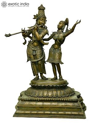 41" Large Krishna Playing Flute with Radha – Symbol of Eternal Love | Madhuchista Vidhana (Lost-Wax) | Panchaloha Bronze from Swamimalai