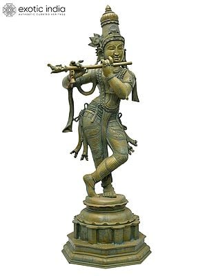 40" Large Standing Lord Krishna Playing Flute | Madhuchista Vidhana (Lost-Wax) | Panchaloha Bronze from Swamimalai