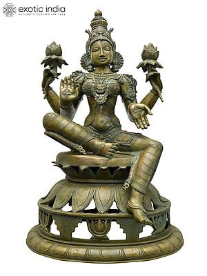 31" Large Four Armed Sitting Goddess Lakshmi | Madhuchista Vidhana (Lost-Wax) | Panchaloha Bronze from Swamimalai