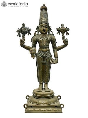 35" Large Four Armed Standing Lord Vishnu (Perumal) | Madhuchista Vidhana (Lost-Wax) | Panchaloha Bronze from Swamimalai