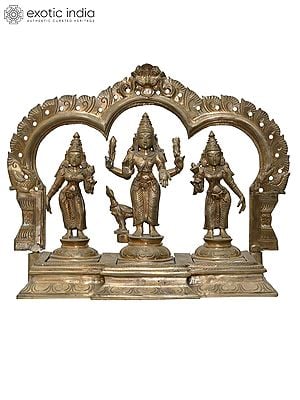 16" Standing Lord Murugan (Karttikeya) with His Consorts Devasena and Valli | Madhuchista Vidhana (Lost-Wax) | Panchaloha Bronze from Swamimalai