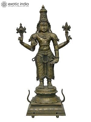 24" Four Armed Standing Lord Vishnu in Blessing Gesture | Madhuchista Vidhana (Lost-Wax) | Panchaloha Bronze from Swamimalai