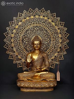 Lord Buddha in Blessing Gesture (Abhaya Mudra) with Mandala Backdrop | Brass Statue