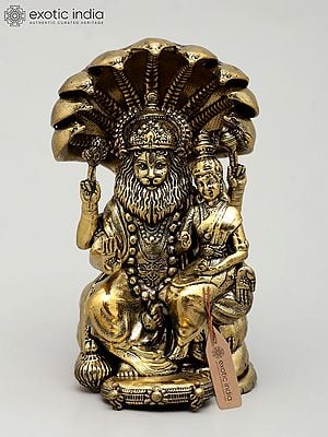 4" Small Superfine Sitting Lord Narasimha with Devi Laksmi | Brass Statue