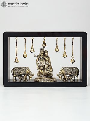 12" Wood Framed Superfine Fluting Radha Krishna with Cow and Calf in Brass | Wall Hanging