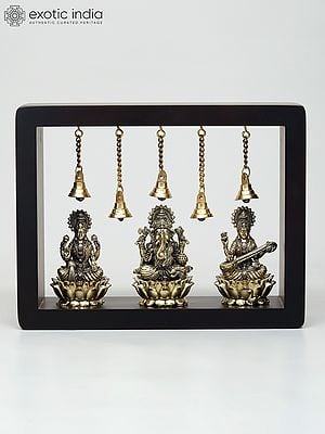 9" Wood Framed Superfine Lakshmi Ganesha Saraswati Statues in Brass | Wall Hanging
