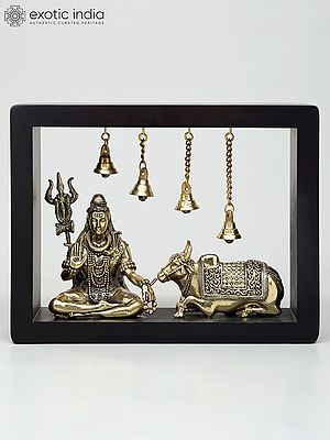 9" Superfine Sitting Lord Shiva with Nandi  | Wood Framed Brass Sculptures | Wall Hanging