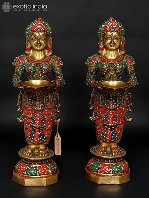 36" Large Standing Deep Lakshmi Pair | Brass Statues with Inlay Work