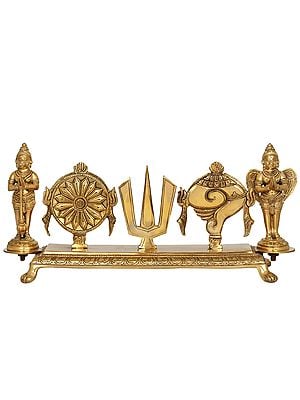 7" Brass Fine Vaishnava Symbols with Hanuman and Garuda Standing on Each Side