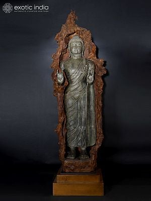 92" Super Large Size Standing Lord Buddha in Karana Mudra Encased in Natural Wood | Balinese Brass Sculpture
