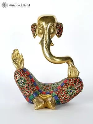 8" Stylized Blessing Lord Ganesha | Brass Statue with Inlay Work