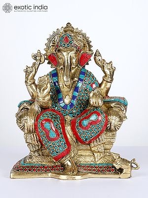 9" Blessing Lord Ganesha Seated on Throne | Brass Statue with Inlay Work