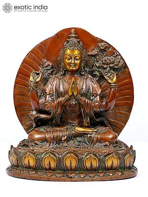9" Tibetan Buddhist Deity -  Chenrezig (Four Armed Avalokiteshvara) | Brass Statue