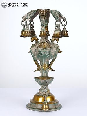 12" Brass Ganesha Lamp with Bells | Ritual Item