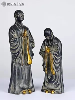 12" Pair of Monk Master and Bowing Disciple | Brass Idols | Table Decor
