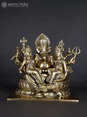 13" Detailed Ganesha Statue with Riddhi Siddhi Seated on Lotus Flower | Brass Statue