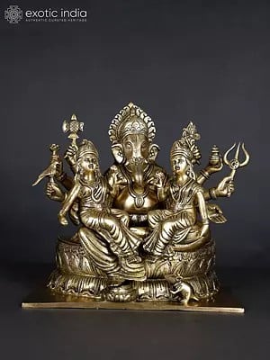 13" Detailed Ganesha Brass Statue with Riddhi Siddhi Seated on Lotus Flower