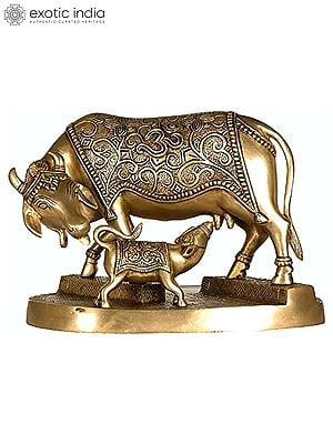 8" Cow - Hinduism's Most Sacred Animal Licks Off the Dirt from Her Calf In Brass | Handmade | Made In India