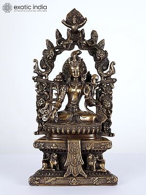 15" Tibetan Buddhist Goddess White Tara on the Six-Ornament Throne of Enlightenment In Brass | Handmade