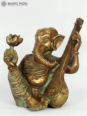 14" Lord Ganesha Playing Sitar | Original Bronze Sculpture