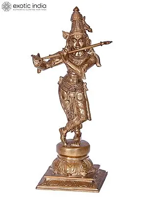 13'' Krishna Playing Flute - Madhuchista Vidhana (Lost-Wax) Panchaloha Bronze Statue