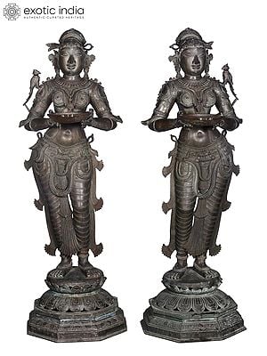 62'' Large Pair of Deepalakshmi Idol | Madhuchista Vidhana (Lost-Wax) | Panchaloha Bronze from Swamimalai (Shipped by Sea)