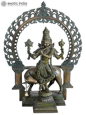 45'' Lord Venugopal (Krishna) Playing Flute with Cow | Madhuchista Vidhana (Lost-Wax) | Panchaloha Bronze from Swamimalai