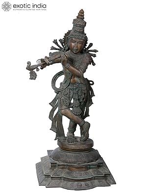 36'' Large Lord Krishna Playing Flute | Madhuchista Vidhana (Lost-Wax) | Panchaloha Bronze from Swamimalai